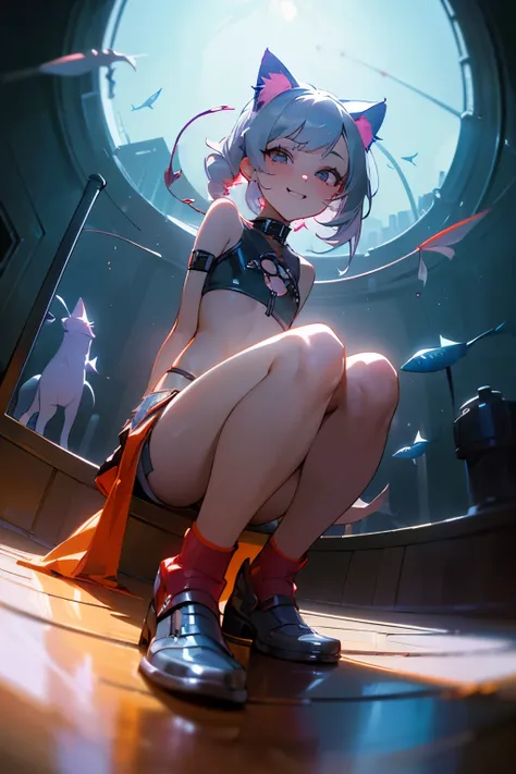 ((Masterpiece)), (best quality), (cinematic lighting), Cute teenage girl, backlit, side light, small chest, pale body, (fisheye:1.4), from below, (trival long loincloth), (put on cat ears), (cyberpunk night street:1.2), ((Sitting on one knee on the ground)...