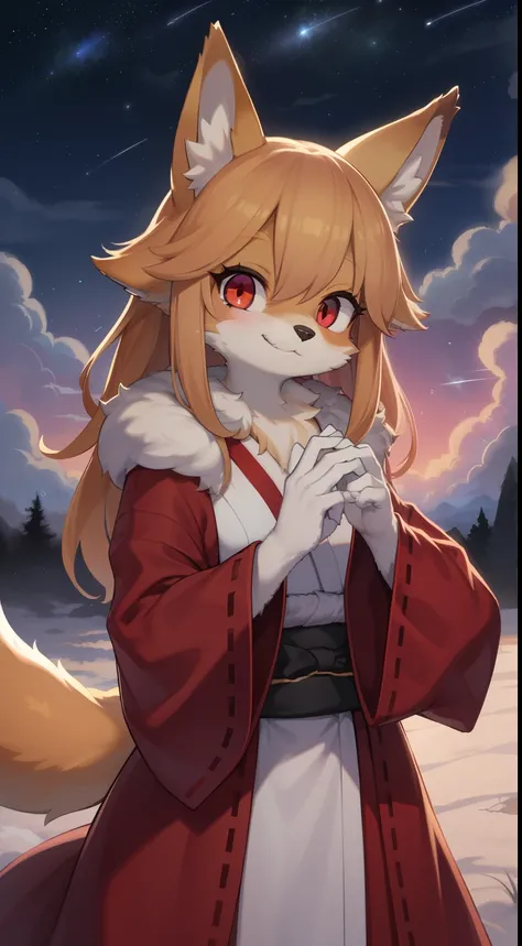 fox girl, furry, furry, Golden fur, Golden face fur, long hair, red eyes, super cute face, Brown elements on fur, Miko, beautiful light and shadow, ambient light, Ultra-fine fur, volume light, night, Clouds and stars in the sky, outside sky starry sky, sho...