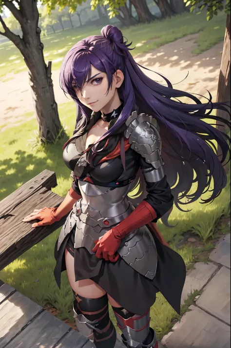 masterpiece, best quality, shez, hair over one eye, choker, armor, cape, black dress, single glove, thighhighs, standing, upper body, large breasts, furrowed brow, smile, trees, clouds, sky 