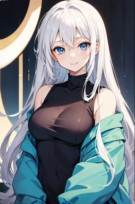 Anime. Cover magazine. Onee-san. Adult.  Tall. Young woman facing the camera. Half body potrait only. Upper body only. She is smiling softly at the camera, saying something. She has long white hair and blue eyes. Dressed in casual casual clothes. Potrait p...