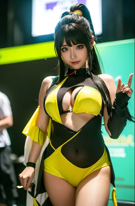 (best quality,4k,8k,highres,masterpiece:1.2),ultra-detailed,(realistic,photorealistic,photo-realistic:1.37),amazing amateur cosplayer,young woman 20,extremely busty,big ass,cute face,slim waist,sexy ninja turtle cosplay,action pose on convention stage, vib...