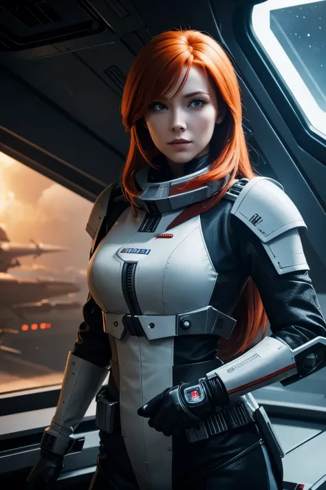 Photo of a redheaded woman wearing a futuristic combat armor. Piloting a starfighter.