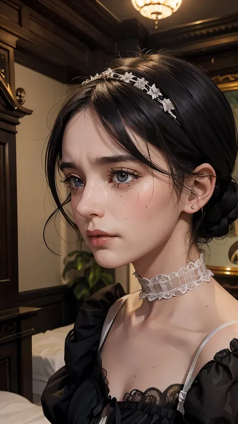 Female1, 25 years old, crying sound, Black hair, A face with tears in its eyes, crying sound out for help, (victorian era, United Kingdom), ((background: bedroom))