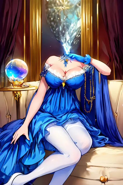 highly detailed, high quality, masterpiece, beautiful, disembodiedhead, 1girl, solo, headless, princess, cleavage, indigo blue d...