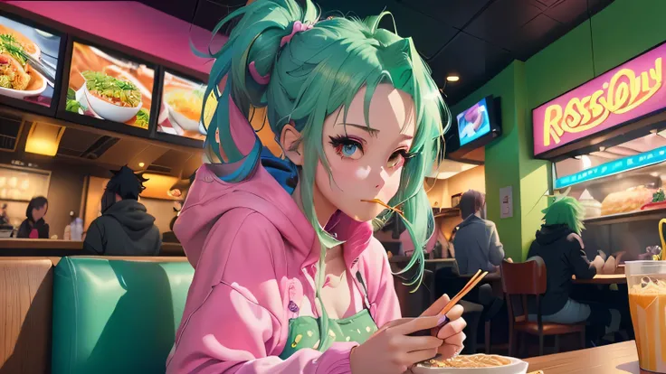 anime girl with green hair eating noodles in a fast food restaurant, anime style 4 k, anime styled digital art, anime style. 8k, digital anime illustration, detailed digital anime art, rossdraws cartoon vibrant, anime art wallpaper 4k, anime art wallpaper ...