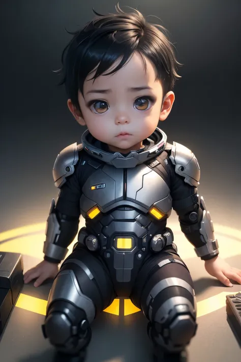 (a baby cyborg boy), chibi, cute pose, very cute, detailed face, detailed fat body, detailed outfit (reality: 1.4), (A hyper-realistic), (high resolution), (8K), (highly detailed), ( Best Illustration), (detailed eyes), (ultra-detailliert), Bright lighting...