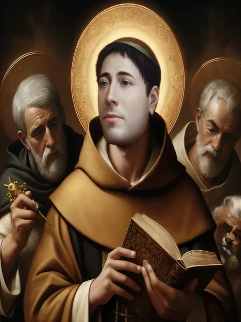 imagem arafada de um homem segurando um livro com um grupo de outros homens, inspired by Thomas Aquinas Daly, portrait of saint of the pit, by Thomas Aquinas Daly, NPC com um santoHello, saint of the pit, christian saint rosace, NPC com um santoHello, padr...