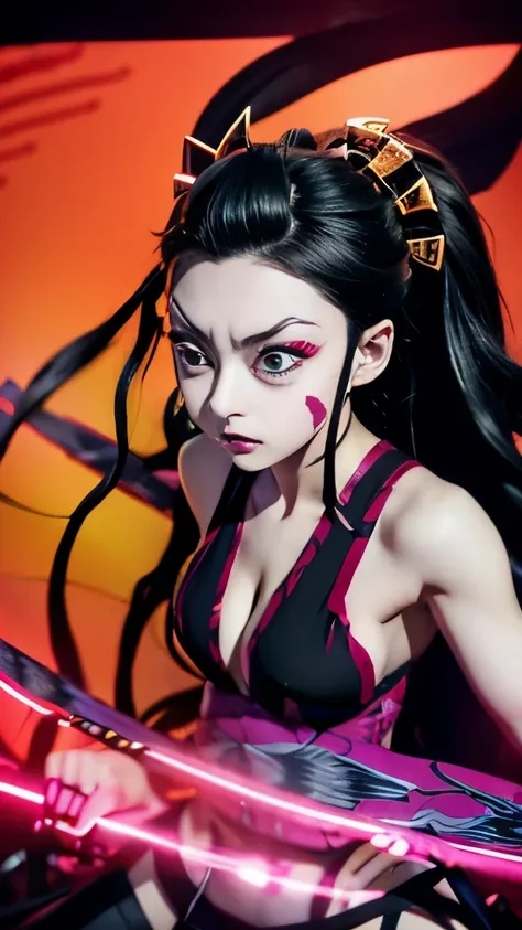 anime girl with long hair and a sword in her hand, nezuko, nezuko-chan, kimetsu no yaiba, junko enoshima, demon slayer artstyle,...