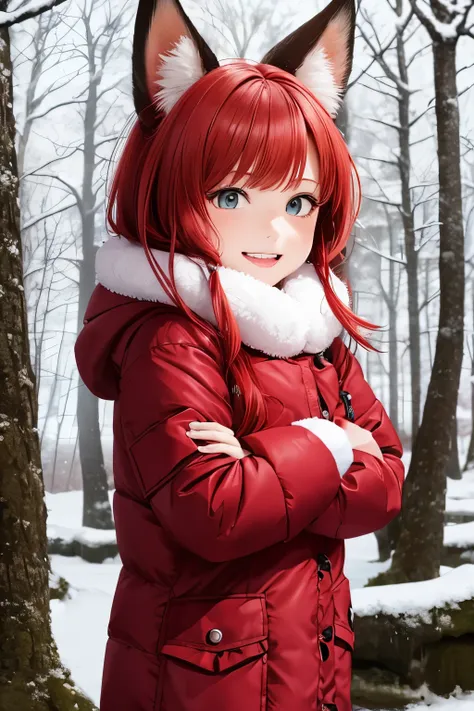 red-haired, girl about 8 years old, with fox ears, dressed in a winter down jacket. snowy forest background.