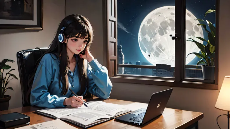 lofi style, study and writing, laptop on desk, listening music with earphone, beautiful long hair, beautiful moon shining at from window at night, coffee on table, wearing blue dress, realistic, 8k