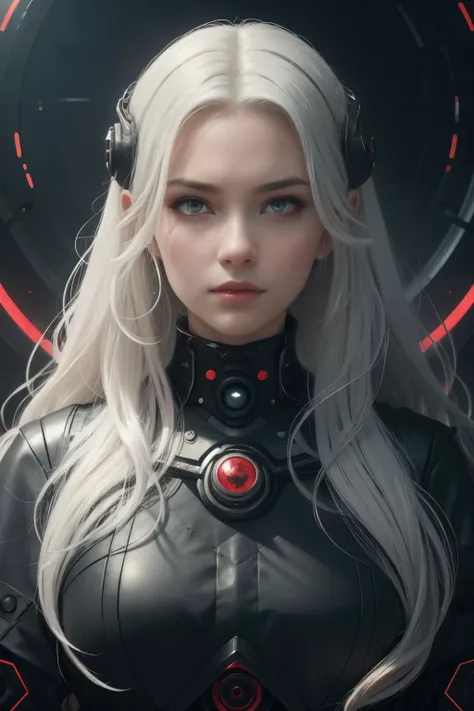 portrait of a beautiful girl with wavy white hair, wearing a formal black dress with metal parts, red eyes, monograms in the bac...