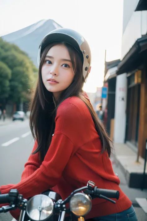 ((highest quality, 8K, masterpiece :1.3)),
Japanese cute milf with curvaceous body,
super detailed face, fine eyes, double eyelid,
coquettish look,urban brown hair, beautiful woman,Fair skin, wearing a red jumper, helmet fashionable american motorcycle rid...