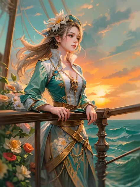 a picture of figures，Depicts a fantasy female pirate captain looking at the sea at sunset in a  moment。Leaning on the ship&#39;s railing，The expression is thoughtful。Vibrant sunset sky reflected in calm sea，seagulls in the distance。Soft, warm lighting high...