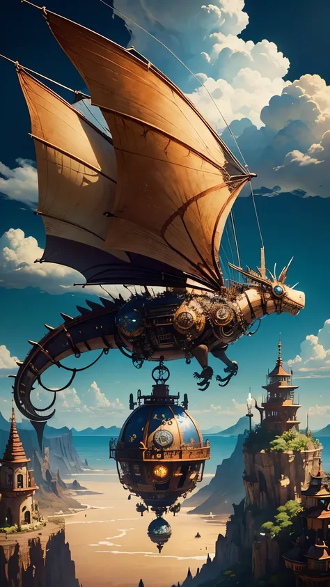 steampunkai。highest quality。masterpiece。excessive details。Steampunk style dragon。An island in the sea々fly above。A steampunk high school girl is riding it.。aerial perspective。The background is blue sky and white clouds。