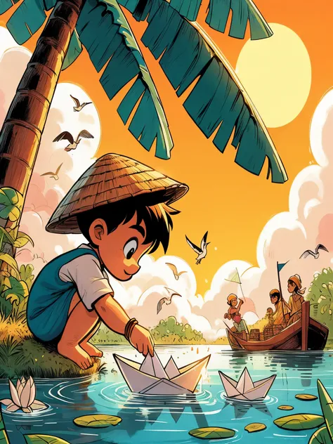 Draw an tintin style anime aerial comic simple art of an 4 year old indian kid playing with paper boat in pond in an indian village, big banana tree, shade, clouds, vibrant sky, beautiful color palette, vibrant saturated colors