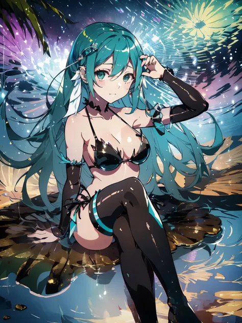 最high quality,table top,1 girl,(((hatsune miku))), Bright yellow eyes like jewels,green hair、ponytail,, magical little girl, Princess, adventurous girl, Are you okay, smile、nymphomaniac, high heel boots, gloves, zettai ryouiki, earrings, natural otaku, moo...