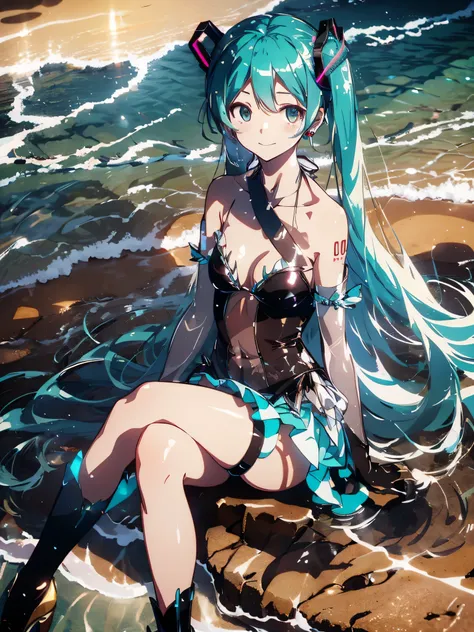 最high quality,table top,1 girl,(((hatsune miku))), Bright yellow eyes like jewels,green hair、ponytail,, magical little girl, Princess, adventurous girl, OK, smile、nymphomaniac, high heel boots, gloves, zettai ryouiki, earrings, natural otaku, moonlight,und...