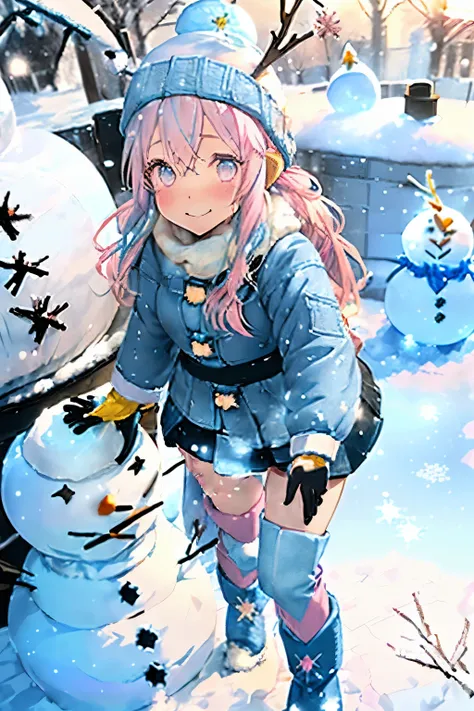 (Light blue and yellow hair:1.25),(long hair:1.2),(With bangs),(Light pink eyes:1.4),(blush),(smile),(hat with ear flaps:1.35),(snowman:1.45),(winter down coat:1.25),(black long boots:1.3),(Denim skirt:1.35),(gloves:1.35),(Playing in the snow:1.4),(It&#39;...