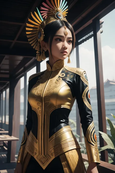 an indonesian-styled futuristic suit worn by a girl depicting cultural fusion and modern fashion. the suit is adorned with intri...