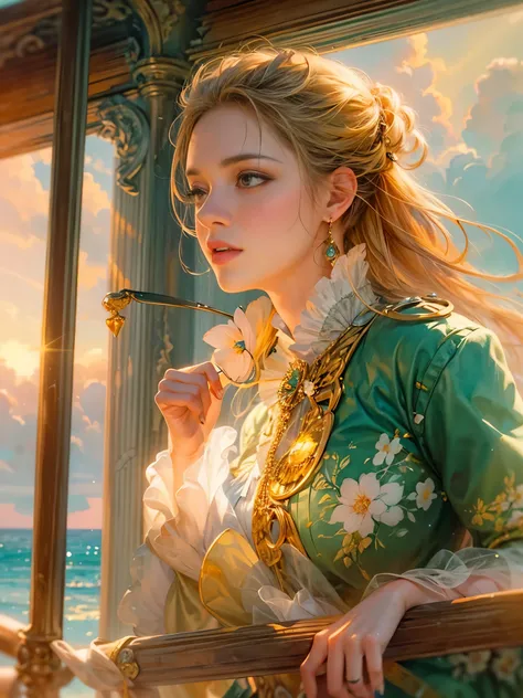 a picture of figures，Depicts a fantasy female pirate captain looking at the sea at sunset in a  moment。Leaning on the ship&#39;s railing，The expression is thoughtful。Vibrant sunset sky reflected in calm sea，seagulls in the distance。Soft, warm lighting high...