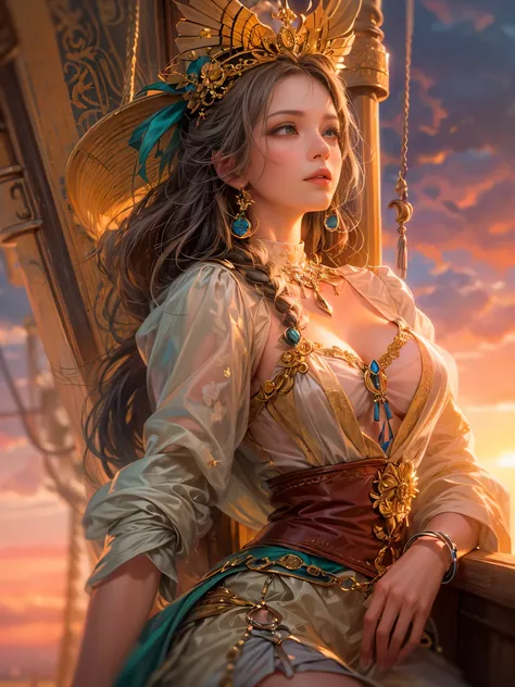 a picture of figures，Depicts a fantasy female pirate captain leaning against the ship&#39;s railing in a  moment，Facing the sea at sunset，The expression is thoughtful， (Look at the audience head-on:1.5)，Vibrant sunset sky reflected in calm sea，seagulls in ...