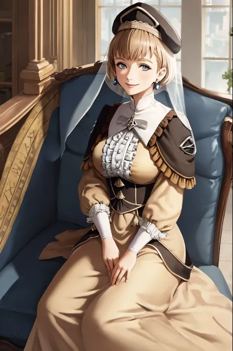 masterpiece, best quality, mercedes_timeskip, short hair, hat, veil, frilled dress, smile, sitting in a chair 