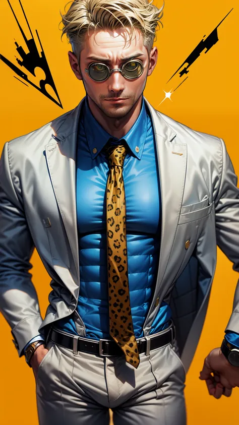 masterpiece, best quality, absurdres, nanamibase, goggles, grey jacket, yellow necktie, leopard print, blue shirt, collared shir...