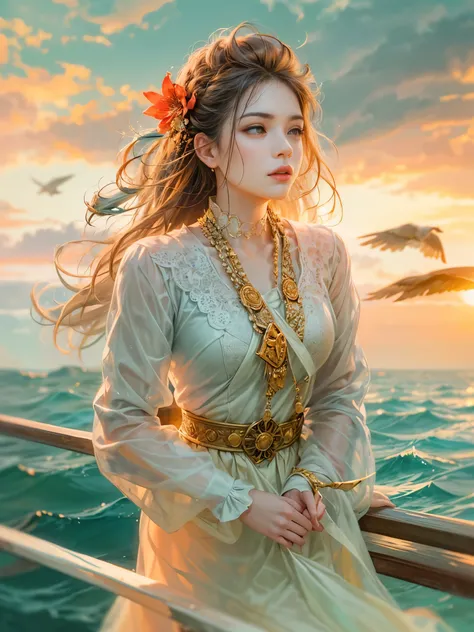 a picture of figures，Depicts a fantasy female captain in a  moment looking out to sea at sunset。Leaning on the ship&#39;s railing，The expression is thoughtful。Vibrant sunset sky reflected in calm sea，seagulls in the distance。Soft, warm lighting highlights ...