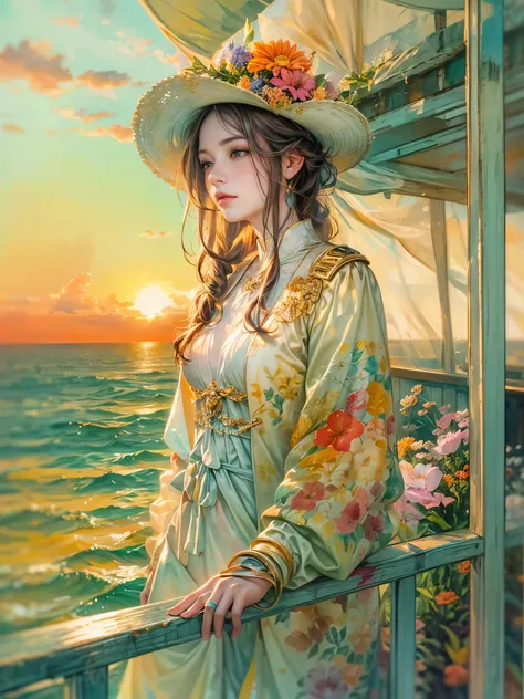 a picture of figures，Depicts a fantasy female captain in a  moment looking out to sea at sunset。Leaning on the ship&#39;s railing，The expression is thoughtful。Vibrant sunset sky reflected in calm sea，seagulls in the distance。Soft, warm lighting highlights ...