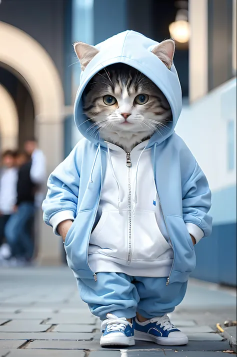 a cute little cat，wearing a blue hooded casual suit，white sneakers，bring headphones，pleasant expression，cute digital illustratio...