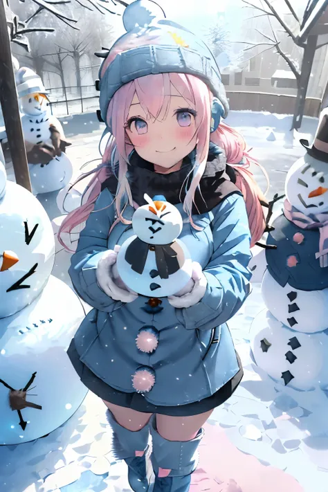 (Light blue and yellow hair:1.25),(long hair:1.2),(With bangs),(Light pink eyes:1.4),(blush),(smile),(hat with ear flaps:1.35),(snowman:1.45),(winter down coat:1.25),(black long boots:1.3),(Denim skirt:1.35),(gloves:1.35),(Playing in the snow:1.4),(It&#39;...