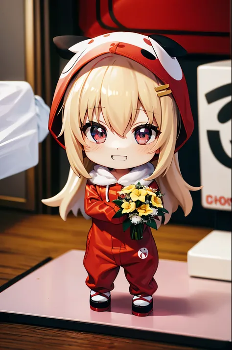 (Chibi:1.3), happy, (holding a bouquet), full body, (Kigurumi), indoors, on the table, (Nendoroid:1.1),