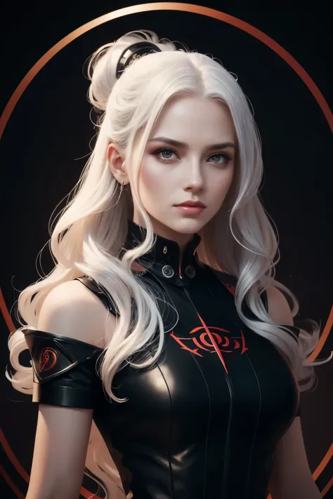 portrait of a beautiful girl with wavy white hair, wearing a formal black dress with metal parts, red eyes, monograms in the bac...