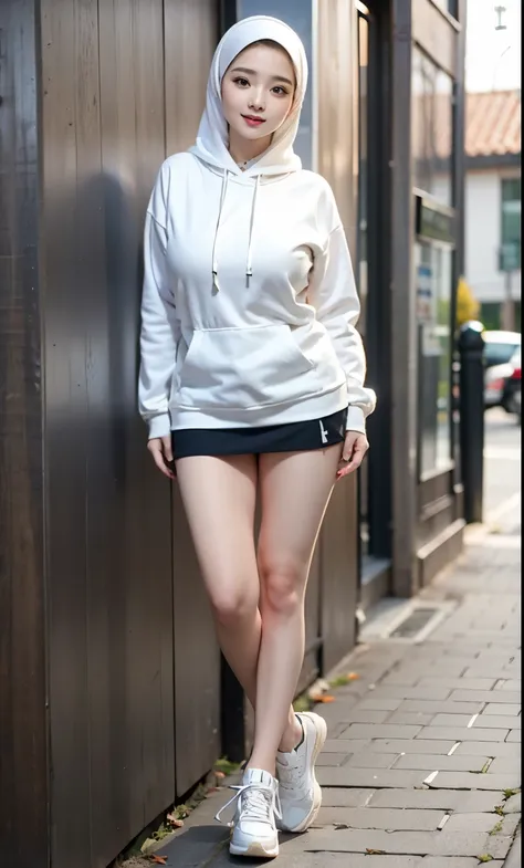 ((best quality)), ((masterpiece)), (detailed), perfect face, wanita dewasa, memakai sebuah hijab dan sneakers, chubby, full body shoot, huge breasts, large breast , wearing a hoodie and mini skirt, big thighs, milky white skin, asian girl, thicc, MILF, bbc