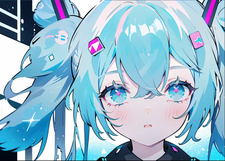 hatsune miku, twintail very long hair, neon eyes, ((中央)),対面, geometric art of squares on background, とても近い被写体