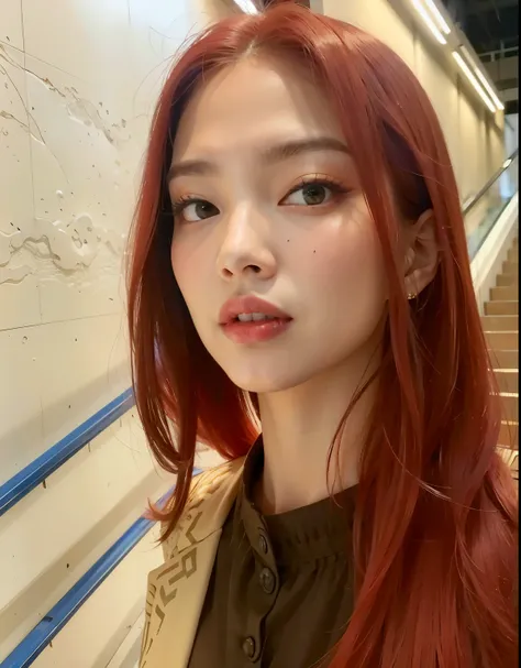 Jennie com cabelo ruivo standing in front of a wall, fada ellie bamber, com longos cabelos ruivos, com cabelo ruivo, cabelos tingidos de vermelho, Jennie do Blackpink, longos cabelos ruivos brilhantes, cabelos longos ruivos cabelos brancos estriados, Jenni...