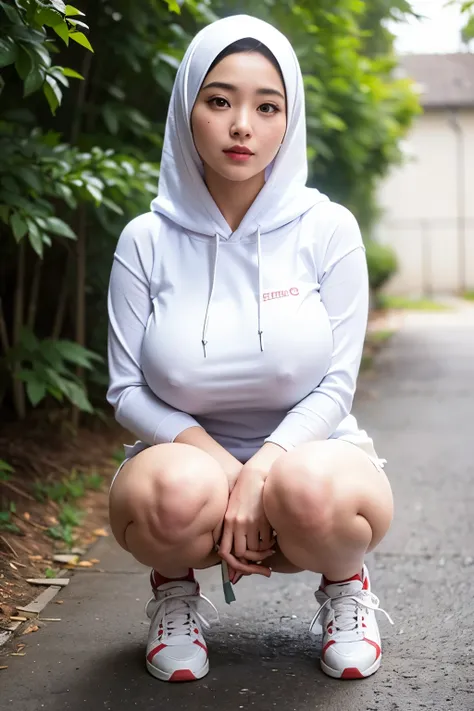 ((best quality)), ((masterpiece)), (detailed), perfect face, wanita dewasa, memakai sebuah hijab dan sneakers, chubby, full body shoot, huge breasts, large breast , wearing a hoodie and mini skirt, big thighs, milky white skin, asian girl, thicc, MILF, bbc