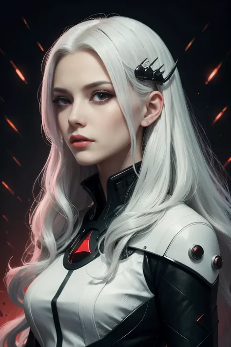 Portrait of a beautiful girl with wavy white hair, wearing a formal black dress with metal parts, red eyes, monograms in the background, digital painting, dark colors, 8k, complex details, vintage, retro futuristic style, sharp focus on the center, pastel ...