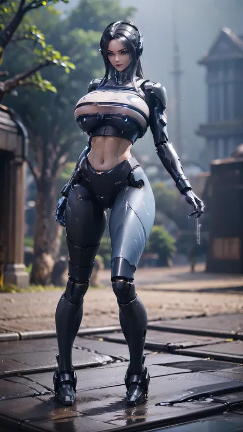 physically-based rendering, (full figure:1.5), (slim body,huge fake breast:1.4), street city, slim waist, big buttocks, (Full body:1.3), standing pose, skintight black futuristic leggings, (wearing wet cyber mecha crop top:1.5).