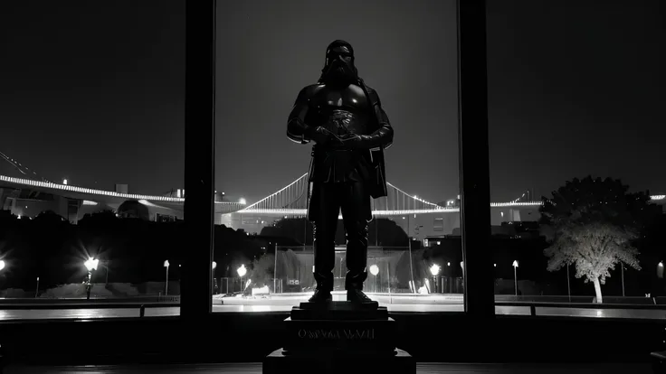 A dark landscape of the Ottoman Empire in black and white with statue of a stereotypical muscular masculine turkish man with beard
