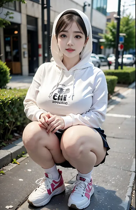 ((best quality)), ((masterpiece)), (detailed), perfect face, wanita dewasa, memakai sebuah hijab dan sneakers, chubby, full body shoot, huge breasts, large breast , wearing a hoodie and mini skirt, big thighs, milky white skin, asian girl, thicc, MILF, bbc