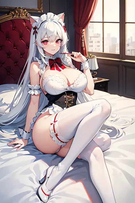 big breasts，Wearing maid outfit，Lying in bed，Look at me tenderly，blood red eyes，Wear white stockings，beautiful hair、 beautiful eyes、 beautiful skin、beautiful legs、beautiful arms、perfect fingers、 very cute，white hair, long hair，white cat ears, white cat tai...