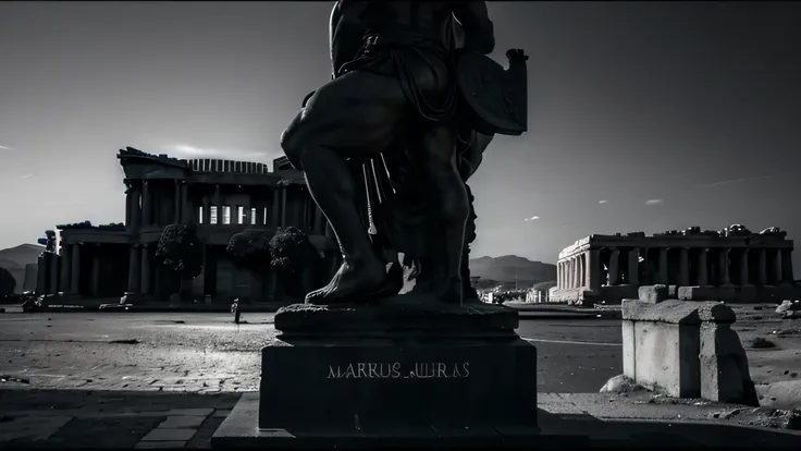 A dark landscape of the Ancient Greece in black and white with statue of a stereotypical muscular masculine greek man with beard, working out, side profile, marcus aurelius