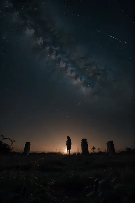 professional photograph, Ancient ruins, star-filled sky, Milky Way, silhouette, overgrown vegetation, night scene, contrast, timeless, vast sky, wonder, contemplation. --ar 9:16 --v 6