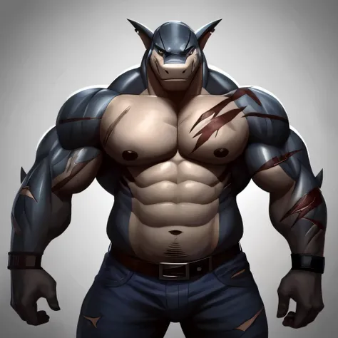 Shark hybrid man, furry, grande, forte, musculoso, algumas cicatriz, barriga saliente, gordo, com mais aparencia de tubarao, with more scars on the arms, 4 arms, mais robusto, mair gordo que musculoso, semblante serio