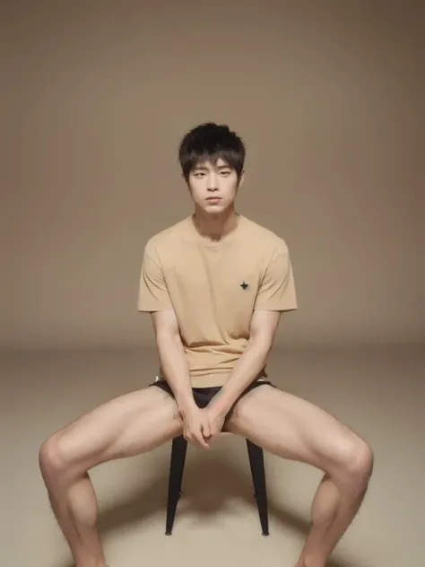 ((super sharp focus)), (((hairy legs))), toned legs, whole body, two block, messy shortt hair, long legs, Japan Male, 27 years old, wearing beige shorts, wearing a black T-shirt, very short hair, black hair