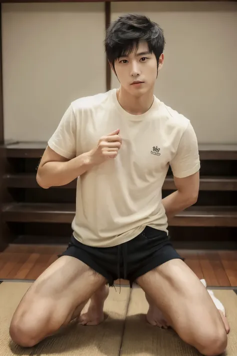 ((super sharp focus)), (((hairy legs))), toned legs, whole body, two block, messy shortt hair, long legs, Japan Male, 27 years old, wearing beige shorts, wearing a black T-shirt, very short hair, black hair,standing on one knee