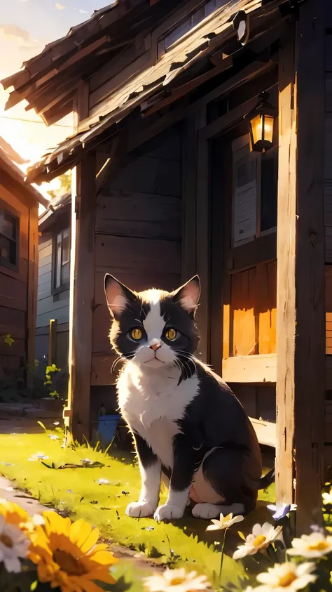 A little kitten，，Birthday，There are small flowers next to it，The background is a wooden house，There is sunset in the evening