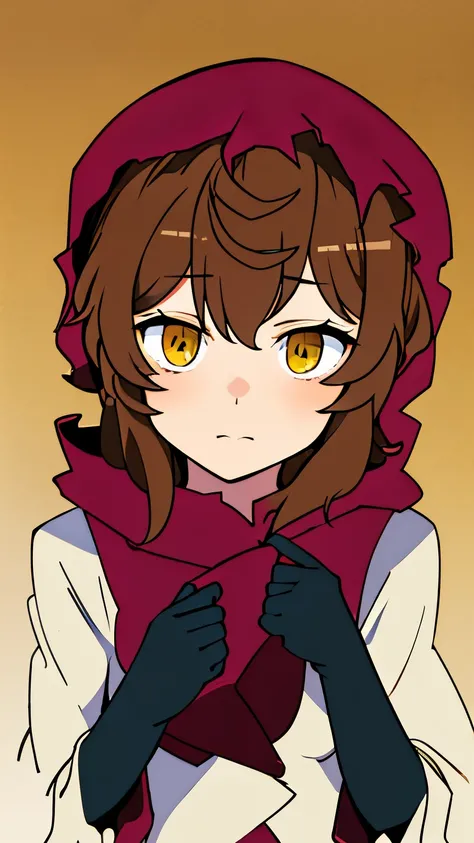 master piece, best quality, 8k, ultra high resolution, highest quality, anime style, best writing, beautiful face, brown hair, shortcut, yellow eyes, Wearing a hood, black gloves, 