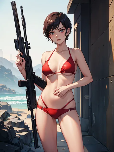 GTA5, naked, short hair, Shotgun, 10girls, red bikini, pistol, assault rifle, machine gun